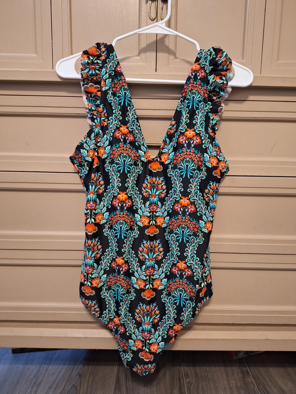 Jessica Simpson Floral Pattern One-Piece Swimsuit in Black, Teal & Orange NWT